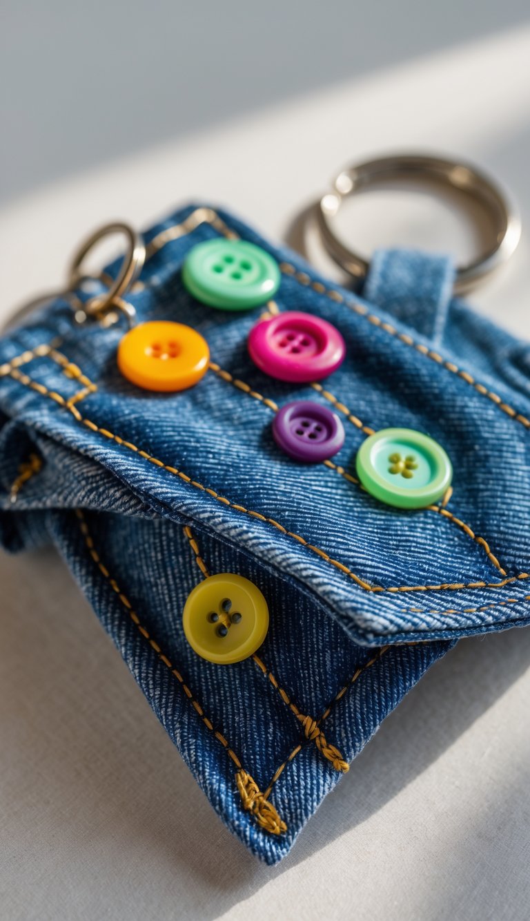 Close-up of a denim keychain decorated with colorful buttons on a neutral background.